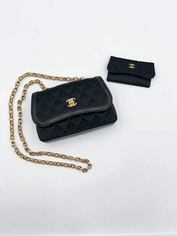 Chanel Black Quilted Satin Curved Flap Mini