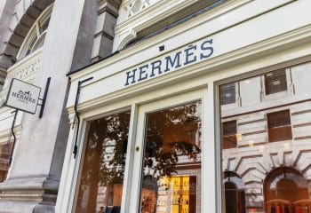 London / UK, August 21st 2019 - Hermes shop front in the Royal Exchange, in Bank.  Hermes is a high-end retailer carrying the luxury brand's apparel, handbags, scarves & other accessories.